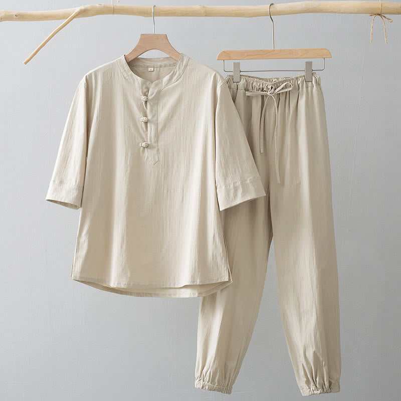 Buddha Stones Frosch-Knopf Dreiviertelärmel Hemd Hose Herrenanzug - Antikweißes Hemd & antikweiße Hose - US/ UK/AU44, EU54 (4XL) - image 0