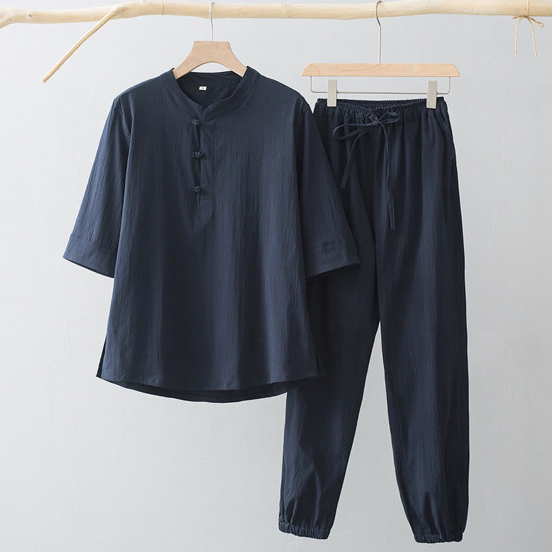 Buddha Stones Frosch-Knopf Dreiviertelärmel Hemd Hose Herrenanzug - Mitternachtsblaues Hemd & Mitternachtsblaue Hose - US/ UK/AU44, EU54 (4XL) - image 4