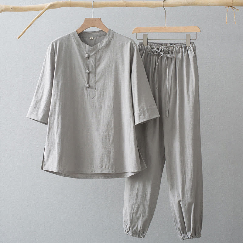 Buddha Stones Frosch-Knopf Dreiviertelärmel Hemd Hose Herrenanzug - Gainsboro Hemd & Gainsboro Hose - US/ UK/AU44, EU54 (4XL) - image 2