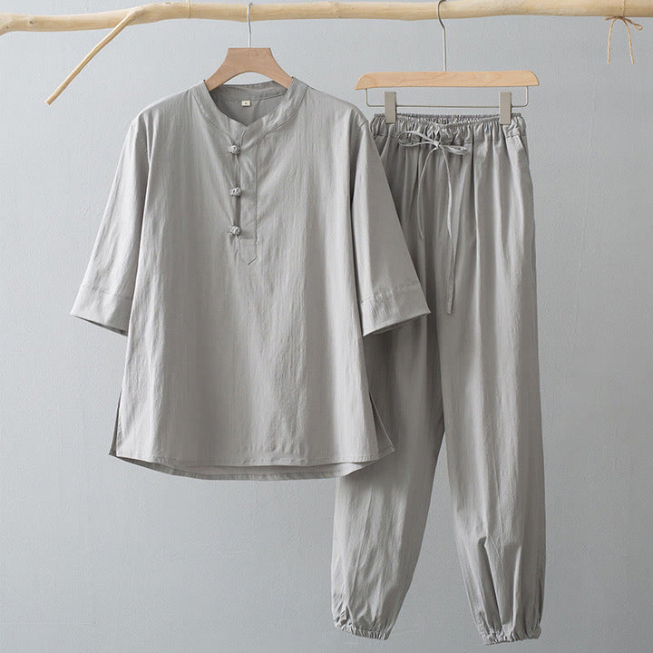 Buddha Stones Frosch-Knopf Dreiviertelärmel Hemd Hose Herrenanzug - Gainsboro Hemd & Gainsboro Hose - US/ UK/AU44, EU54 (4XL) - image 2