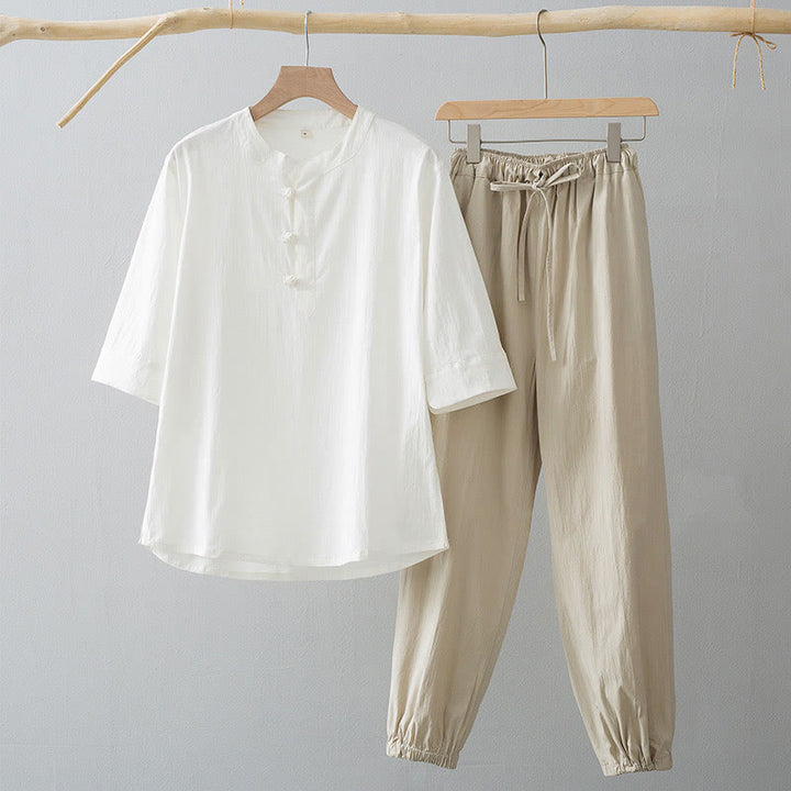 Buddha Stones Frosch-Knopf Dreiviertelärmel Hemd Hose Herrenanzug - Weißes Hemd & antikweiße Hose - US/ UK/AU44, EU54 (4XL) - image 7