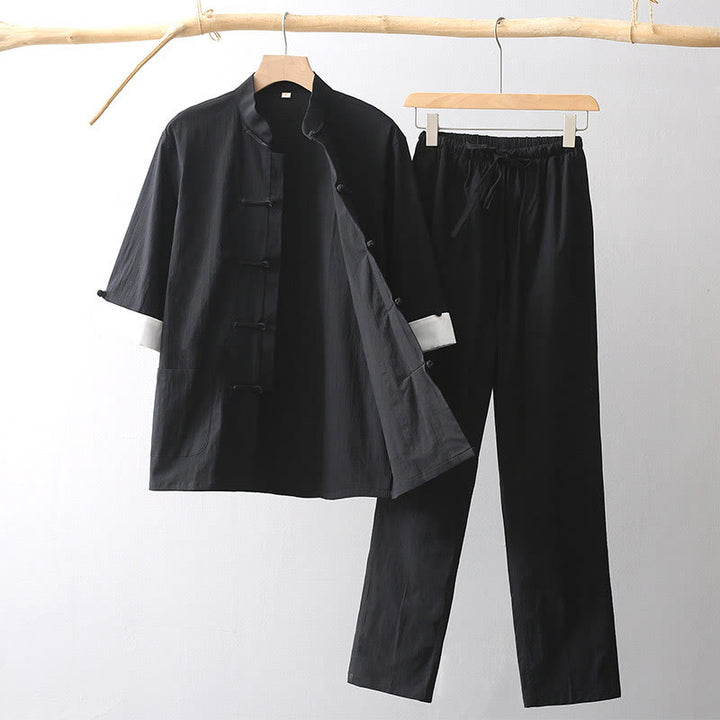 Buddha Stones Tang Froschknopf Dreiviertelärmel Hemd Weite Hose Baumwolle Leinen Herrenanzug - Schwarz - US/ UK/AU44, EU54 (4XL) - image 7