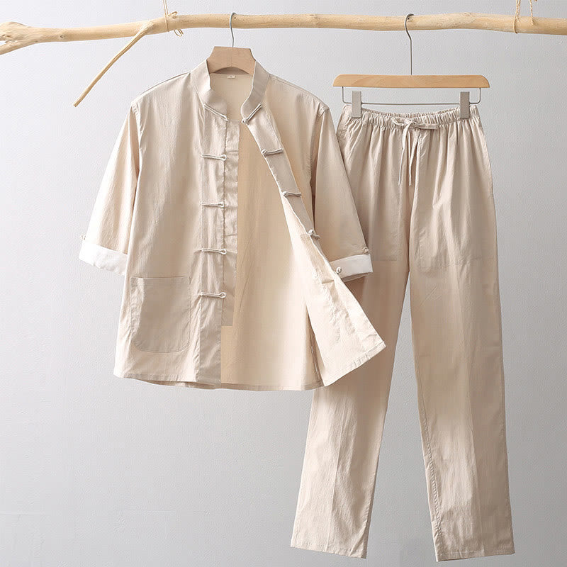 Buddha Stones Tang Froschknopf Dreiviertelärmel Hemd Weite Hose Baumwolle Leinen Herrenanzug - Weizen - US/ UK/AU44, EU54 (4XL) - image 0