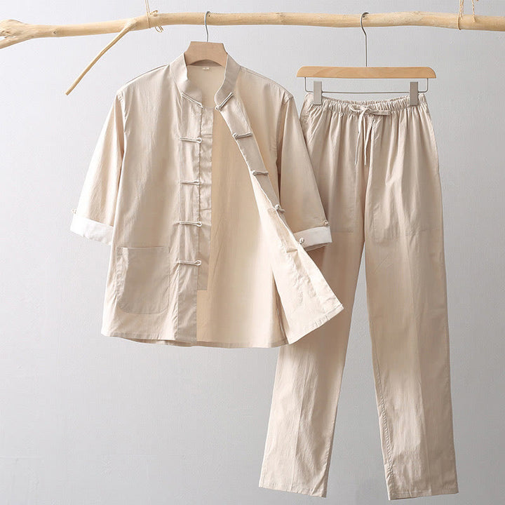 Buddha Stones Tang Froschknopf Dreiviertelärmel Hemd Weite Hose Baumwolle Leinen Herrenanzug - Weizen - US/ UK/AU44, EU54 (4XL) - image 0