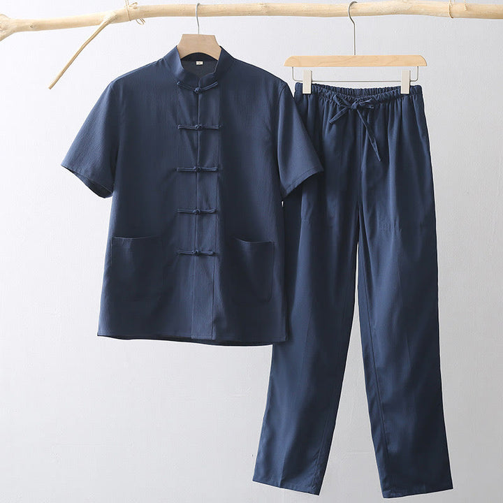 Buddha Stones Tang Frosch-Knopf Kurzarmhemd Weite Beinhose Herrenanzug - Mitternachtsblau - US/ UK/AU44, EU54 (4XL) - image 2