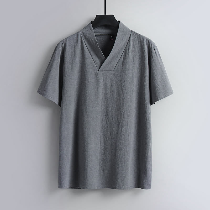 Buddha Stones Herren-T-Shirt, locker geschnitten, einfarbig, Kurzarm, V-Ausschnitt, atmungsaktives Baumwoll-Leinen-Hemd - Grau - US/ UK/AU54, EU64 (9XL) - image 0