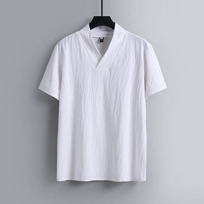 Buddha Stones Herren-T-Shirt, locker geschnitten, einfarbig, Kurzarm, V-Ausschnitt, atmungsaktives Baumwoll-Leinen-Hemd - Weiß - US/ UK/AU54, EU64 (9XL) - image 1