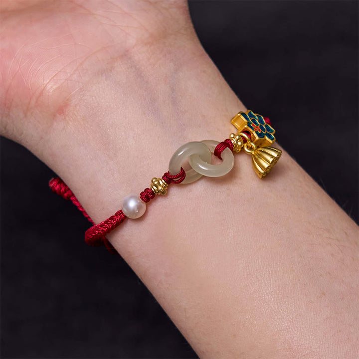 Buddha Stones Hetian Jade Lotus Frieden Schnalle geflochten Seil Glück Armband