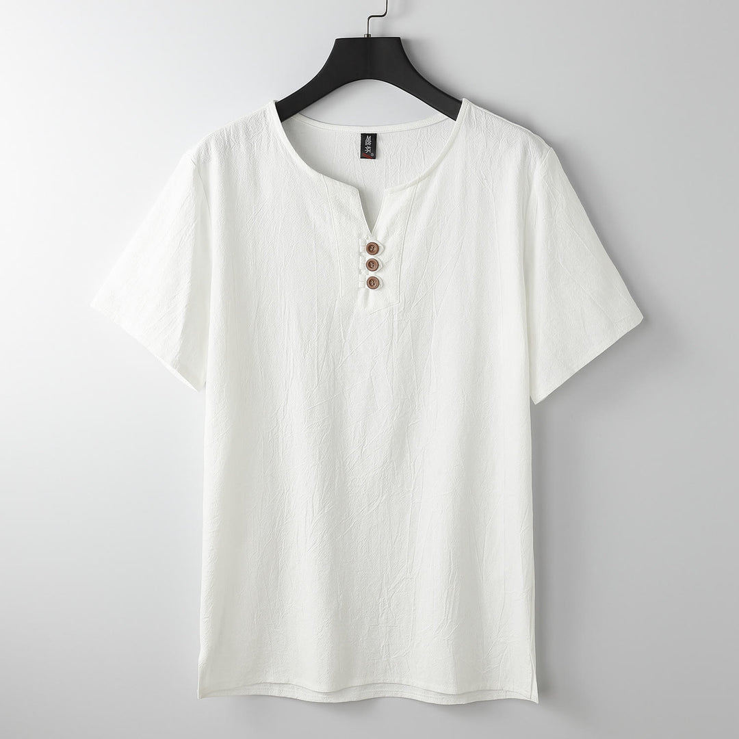 Buddha Stones Herren-T-Shirt, einfarbig, kurzärmlig, V-Kragen, drei Knöpfe, weiches Baumwollhemd - Weiß - US/ UK/AU54, EU64 (9XL) - image 10