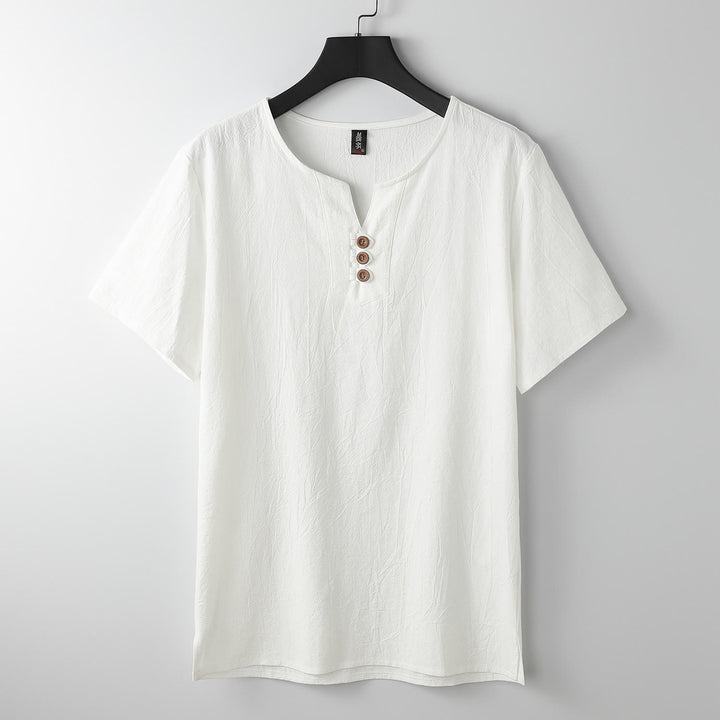 Buddha Stones Herren-T-Shirt, einfarbig, kurzärmlig, V-Kragen, drei Knöpfe, weiches Baumwollhemd - Weiß - US/ UK/AU54, EU64 (9XL) - image 10