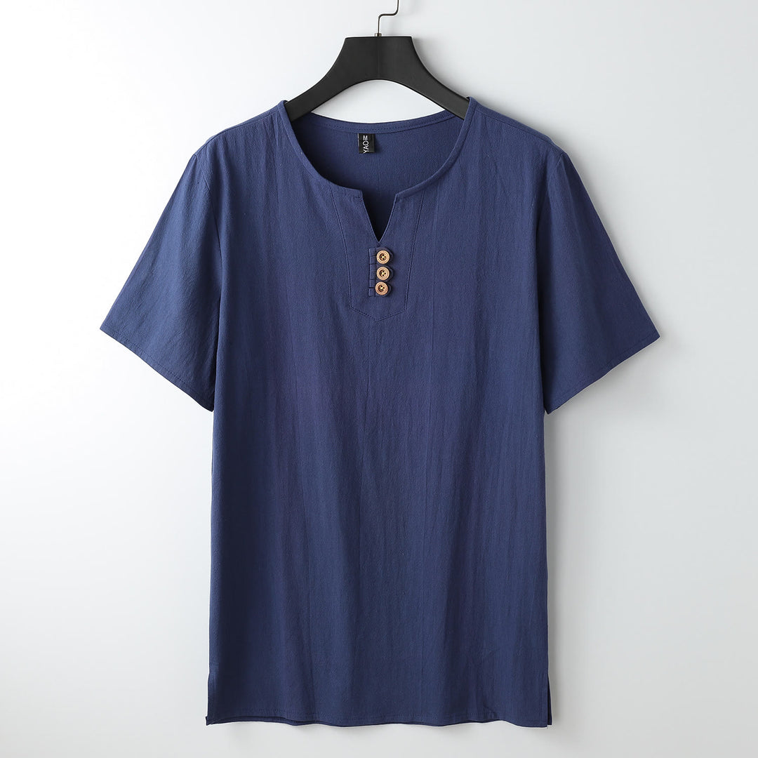 Buddha Stones Herren-T-Shirt, einfarbig, kurzärmlig, V-Kragen, drei Knöpfe, weiches Baumwollhemd - Mitternachtsblau - US/ UK/AU54, EU64 (9XL) - image 13