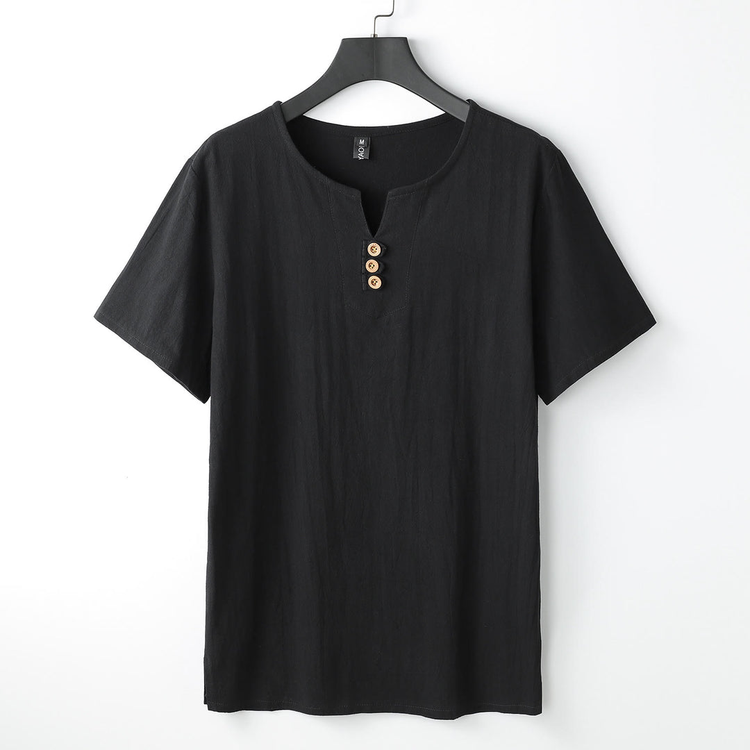 Buddha Stones Herren-T-Shirt, einfarbig, kurzärmlig, V-Kragen, drei Knöpfe, weiches Baumwollhemd - Schwarz - US/ UK/AU54，EU64 (9XL) - image 12
