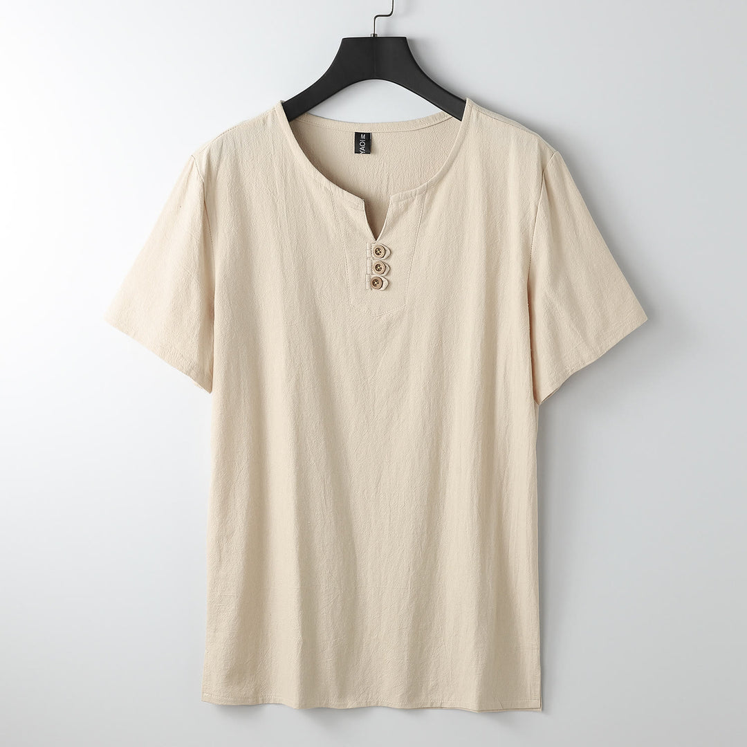 Buddha Stones Herren-T-Shirt, einfarbig, kurzärmlig, V-Kragen, drei Knöpfe, weiches Baumwollhemd - Mokassin - US/ UK/AU54，EU64 (9XL) - image 13