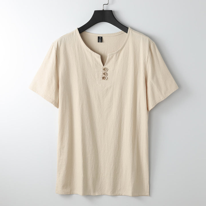 Buddha Stones Herren-T-Shirt, einfarbig, kurzärmlig, V-Kragen, drei Knöpfe, weiches Baumwollhemd - Mokassin - US/ UK/AU54，EU64 (9XL) - image 13