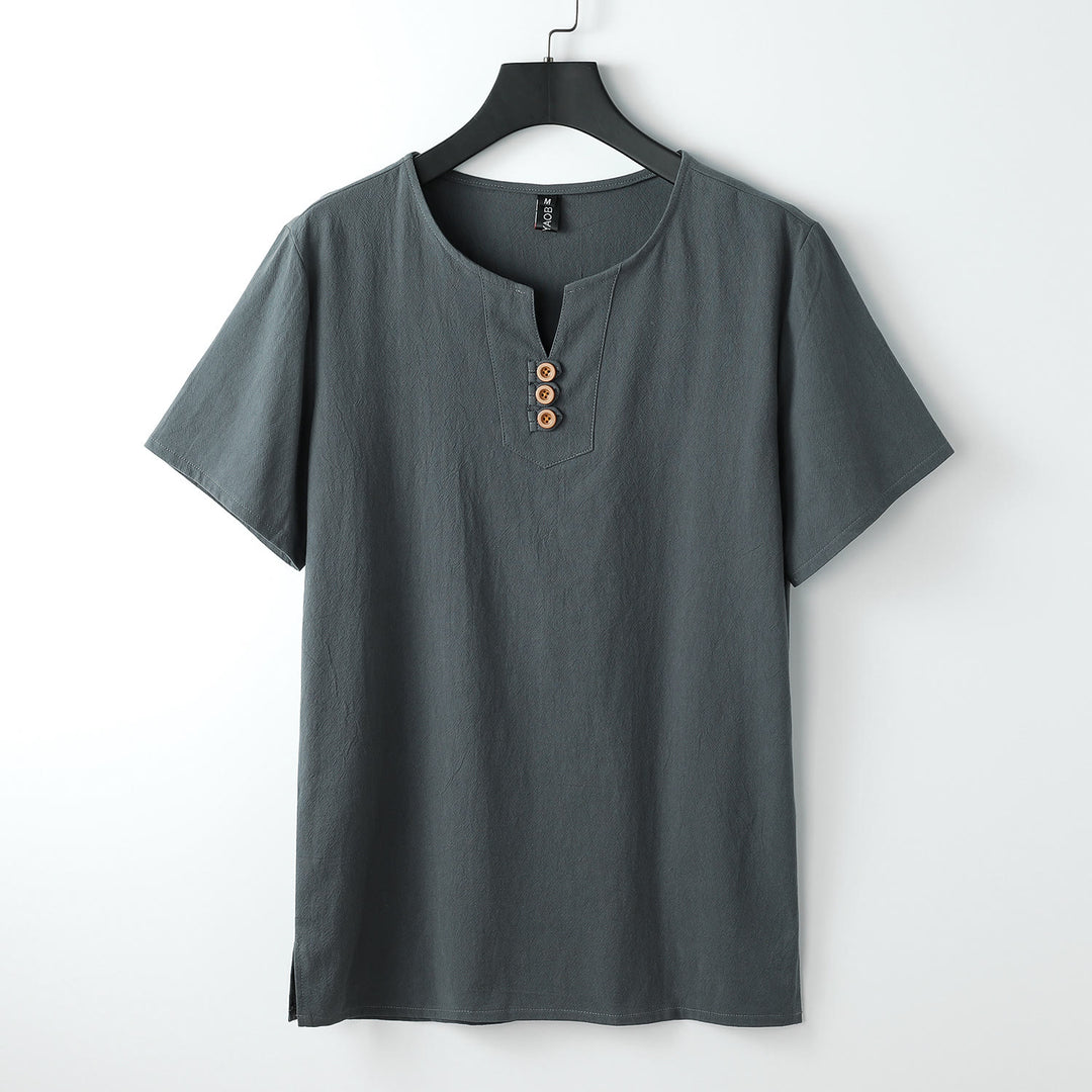 Buddha Stones ​​Herren-T-Shirt, einfarbig, Kurzarm, Dreiknopfleiste, V-Ausschnitt, weiches Hemd - Grau - US/ UK/AU54, EU64 (9XL) - image 0