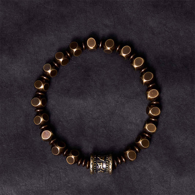 Buddha Stones Tibetisches Om Mani Padme Hum Amulett-Fokus-Armband aus geschnitztem Kupfer und Messing