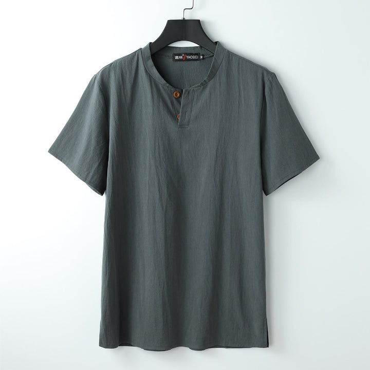 Buddha Stones Lockeres Herren-T-Shirt in Volltonfarbe, kurzärmliges Oberteil mit Knopfleiste, gekerbtem Halsausschnitt, weiches Baumwoll-Leinen-Hemd - Grau - US/ UK/AU54，EU64 (9XL) - image 1
