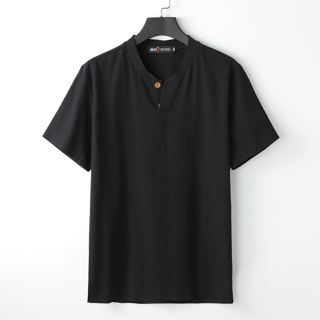 Buddha Stones Lockeres Herren-T-Shirt in Volltonfarbe, kurzärmliges Oberteil mit Knopfleiste, gekerbtem Halsausschnitt, weiches Baumwoll-Leinen-Hemd - Schwarz - US/ UK/AU54，EU64 (9XL) - image 2
