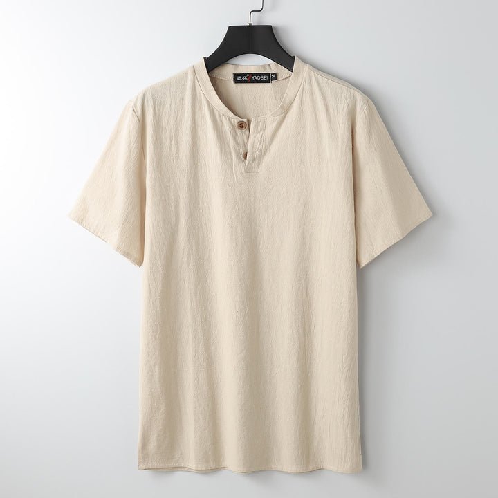 Buddha Stones Lockeres Herren-T-Shirt in Volltonfarbe, kurzärmliges Oberteil mit Knopfleiste, gekerbtem Halsausschnitt, weiches Baumwoll-Leinen-Hemd - Mokassin - US/ UK/AU54，EU64 (9XL) - image 8