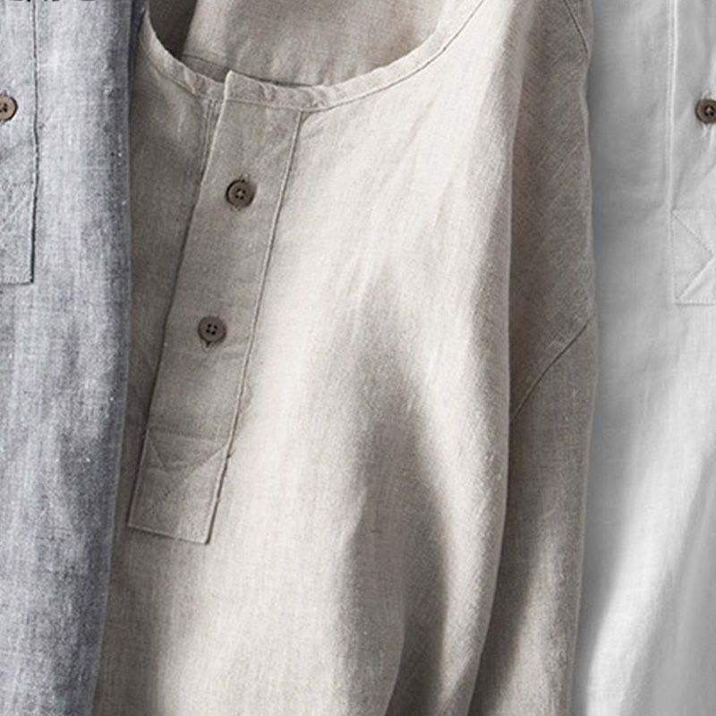 Buddha Stones Einfarbig Langarm Knopf Hemd Leinen Herren Kleidung - image 14