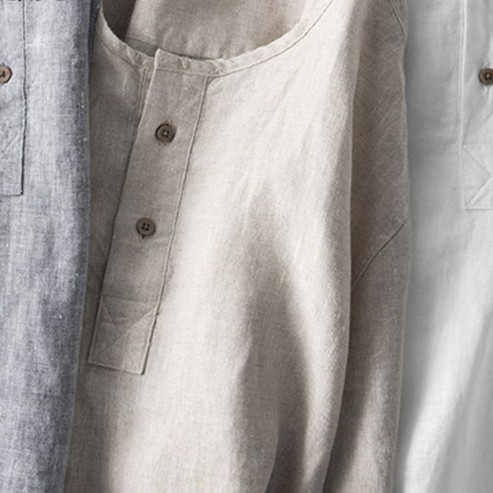 Buddha Stones Einfarbig Langarm Knopf Hemd Leinen Herren Kleidung - image 14