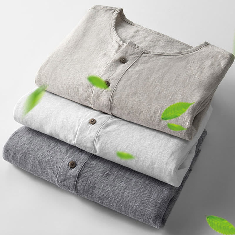 Buddha Stones Einfarbig Langarm Knopf Hemd Leinen Herren Kleidung - image 4