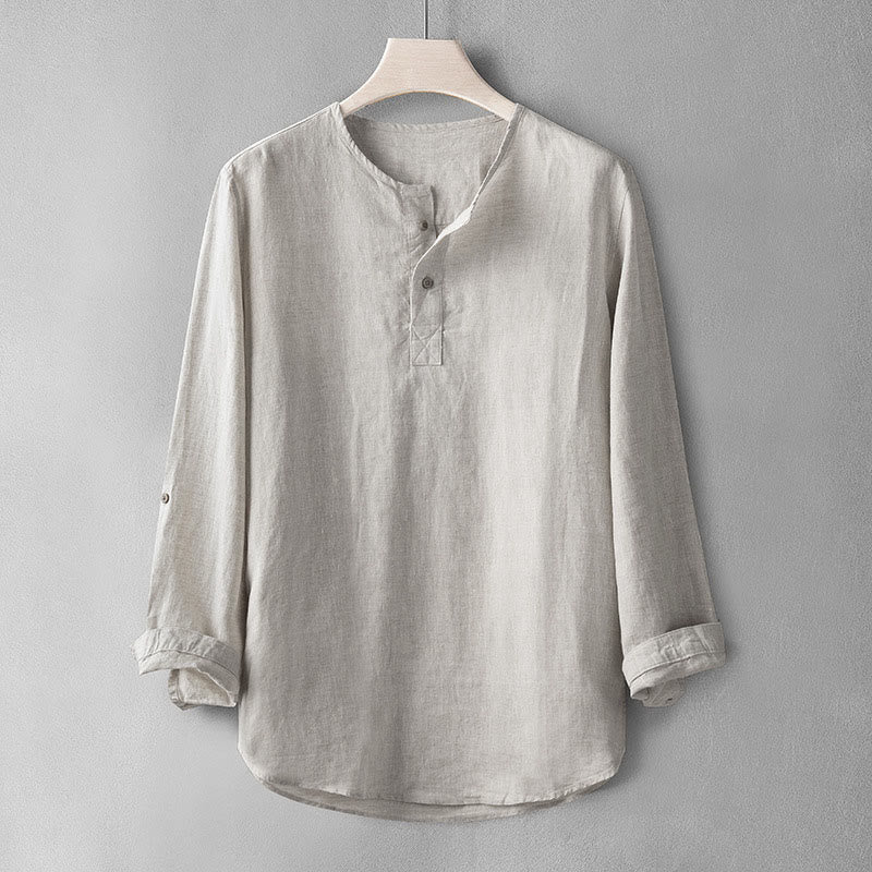 Buddha Stones Einfarbig Langarm Knopf Hemd Leinen Herren Kleidung - Gainsboro - US/ UK/AU42，EU52 (3XL) - image 0