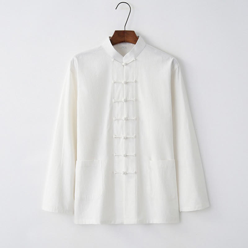 Buddha Stones Tang Frosch-Knopf Langarmhemd Baumwolle Herrenbekleidung - Weiß - US/ UK/AU44，EU54 (4XL) - image 1