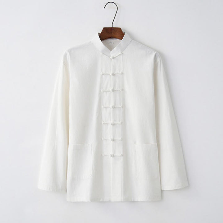 Buddha Stones Tang Frosch-Knopf Langarmhemd Baumwolle Herrenbekleidung - Weiß - US/ UK/AU44，EU54 (4XL) - image 1