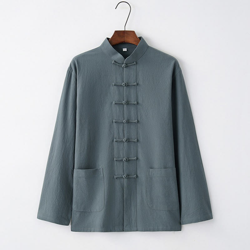 Buddha Stones Tang Frosch-Knopf Langarmhemd Baumwolle Herrenbekleidung - Hellstahlblau - US/ UK/AU44，EU54 (4XL) - image 3