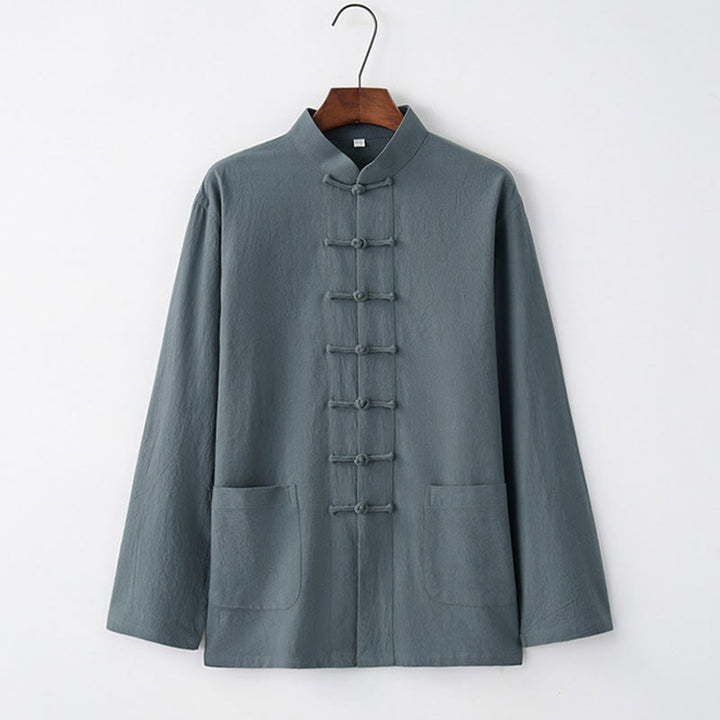 Buddha Stones Tang Frosch-Knopf Langarmhemd Baumwolle Herrenbekleidung - Hellstahlblau - US/ UK/AU44，EU54 (4XL) - image 3