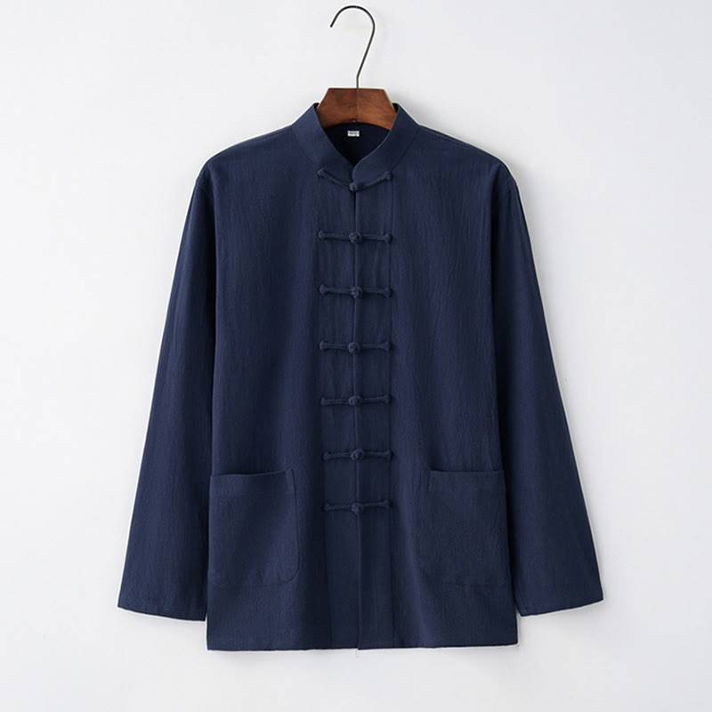 Buddha Stones Tang Frosch-Knopf Langarmhemd Baumwolle Herrenbekleidung - Mitternachtsblau - US/ UK/AU44，EU54 (4XL) - image 4