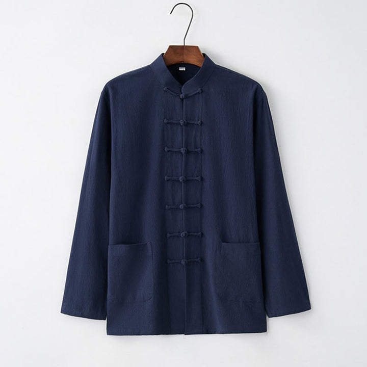 Buddha Stones Tang Frosch-Knopf Langarmhemd Baumwolle Herrenbekleidung - Mitternachtsblau - US/ UK/AU44，EU54 (4XL) - image 4