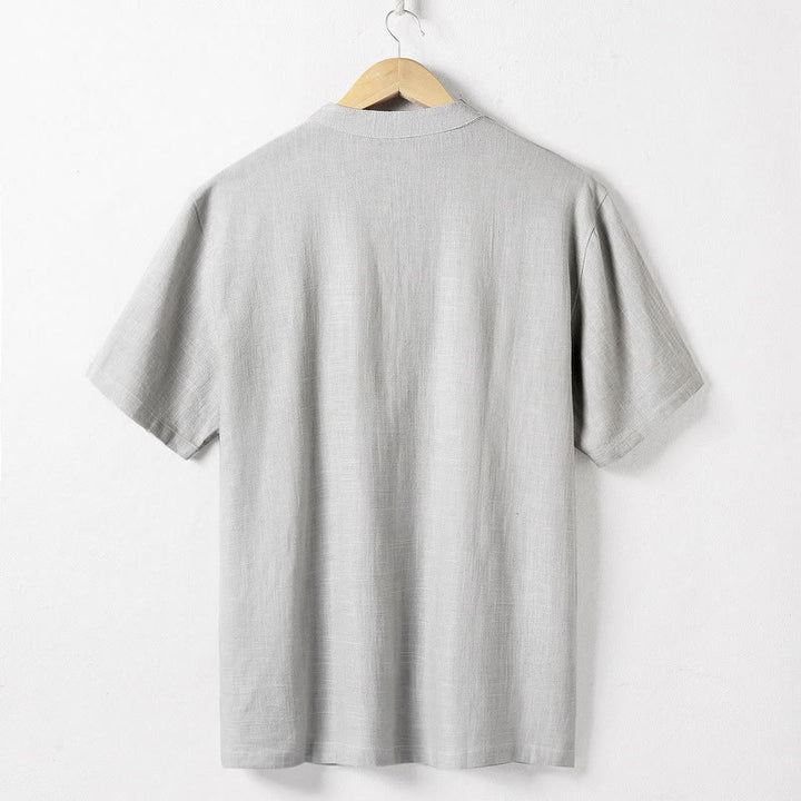 Buddha Stones Lockeres Herrenhemd, einfarbig, gekerbter Kragen, kurzärmlig, bequem, mit Knopfleiste, atmungsaktives Baumwoll-Leinen-Hemd - image 5