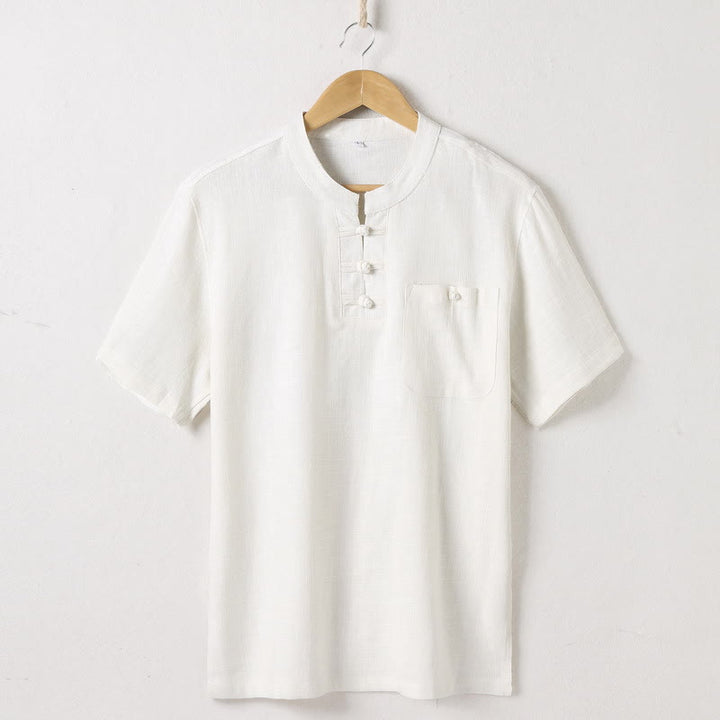 Buddha Stones Lockeres Herrenhemd, einfarbig, gekerbter Kragen, kurzärmlig, bequem, mit Knopfleiste, atmungsaktives Baumwoll-Leinen-Hemd - Beige - US/ UK/AU46, EU56 (5XL)  - image 1