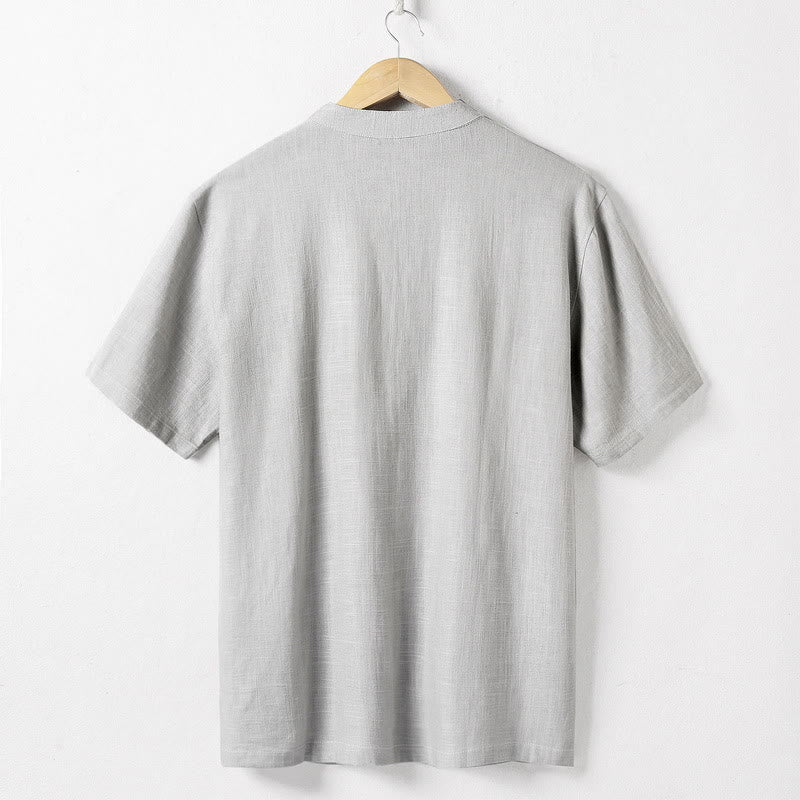 Buddha Stones Lockeres Herrenhemd, einfarbig, gekerbter Kragen, kurzärmlig, bequem, mit Knopfleiste, atmungsaktives Baumwoll-Leinen-Hemd - image 5