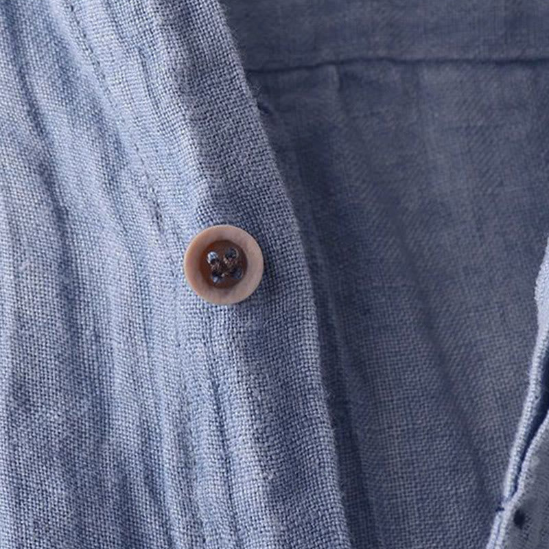 Buddha Stones Herrenhemd, einfarbig, Revers, kurzärmlig, bequem, geknöpft, Bügelfalte, Baumwoll-Leinen-Hemd - image 3