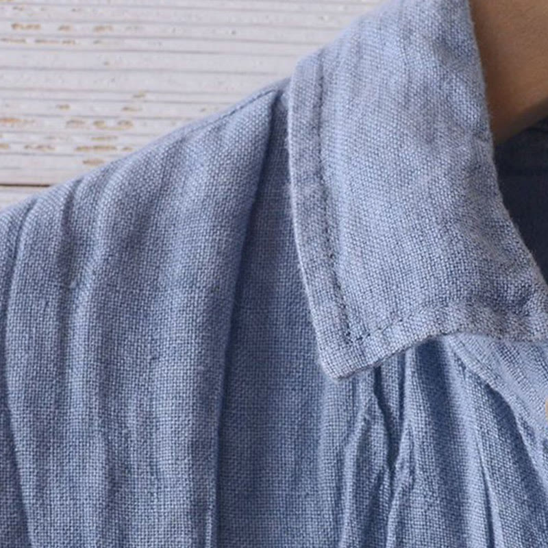 Buddha Stones Herrenhemd, einfarbig, Revers, kurzärmlig, bequem, geknöpft, Bügelfalte, Baumwoll-Leinen-Hemd - image 1