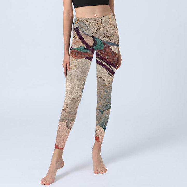 Buddha Stones Dunhuang Fliegende Apsaras Glückverheißende Wolken Print Fitness Leggings Damen Yogahose