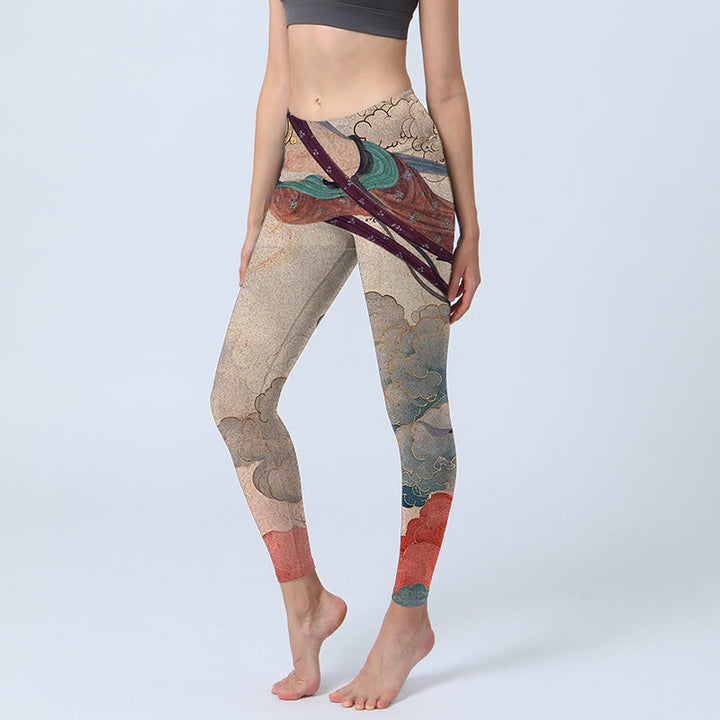 Buddha Stones Dunhuang Fliegende Apsaras Glückverheißende Wolken Print Fitness Leggings Damen Yogahose