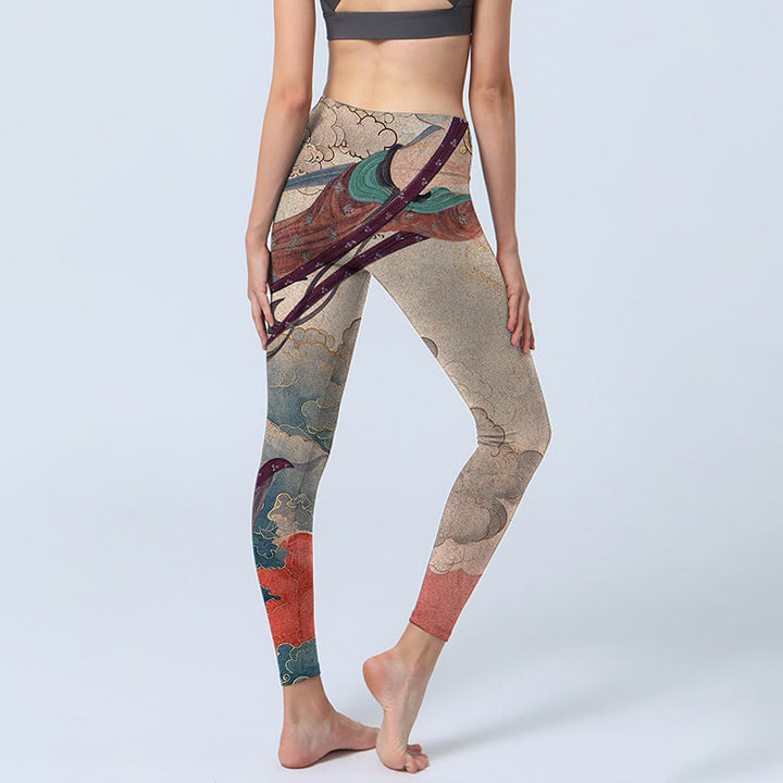 Buddha Stones Dunhuang Fliegende Apsaras Glückverheißende Wolken Print Fitness Leggings Damen Yogahose