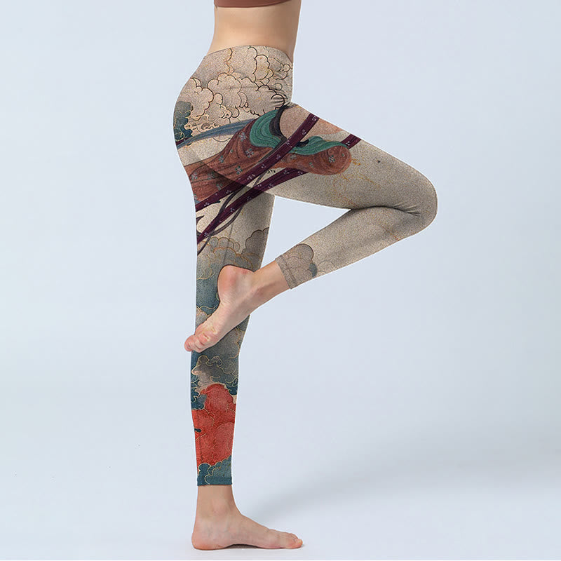 Buddha Stones Dunhuang Fliegende Apsaras Glückverheißende Wolken Print Fitness Leggings Damen Yogahose