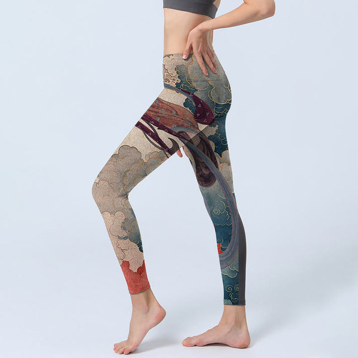 Buddha Stones Dunhuang Fliegende Apsaras Glückverheißende Wolken Print Fitness Leggings Damen Yogahose