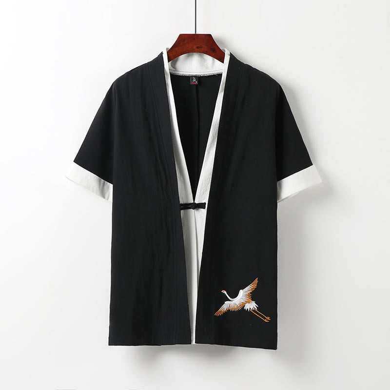 Buddha Stones Fake Zweiteiliges Herren-Halbarm-Cardigan-Stickerei Hanfu Comfort Baumwollhemd - Schwarz - US/ UK/AU54，EU64 (9XL) - image 1