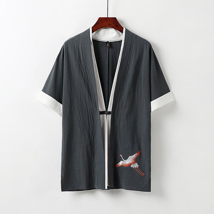 Buddha Stones Fake Zweiteiliges Herren-Halbarm-Cardigan-Stickerei Hanfu Comfort Baumwollhemd - Grau - US/ UK/AU54，EU64 (9XL) - image 11