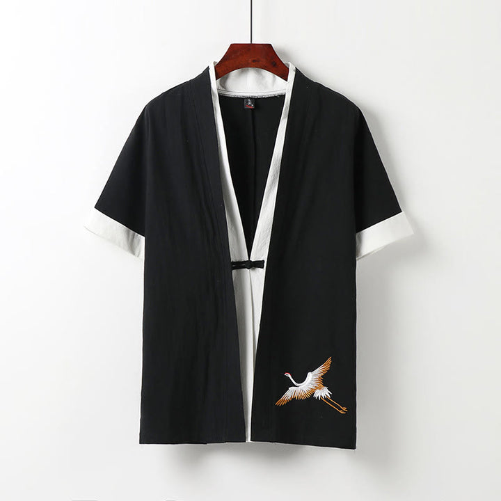 Zweiteiliger Herren-Kimono mit Buddha Stones Motiv, halben Ärmeln und Stickerei, Hanfu-Stil, bequemer Baumwoll-Komfort. - Schwarz - US/UK/AU54, EU64 (9XL) - image 1