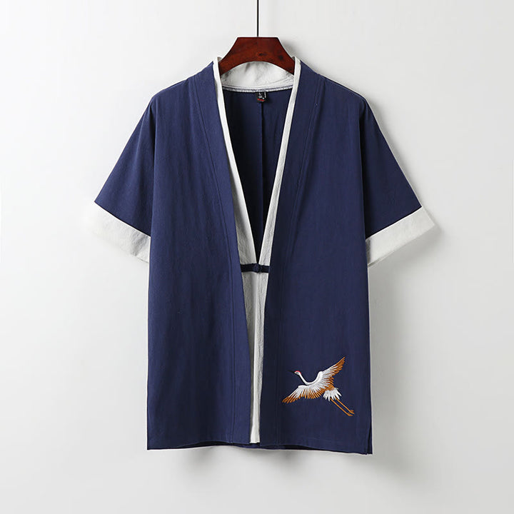 Buddha Stones Fake Zweiteiliges Herren-Halbarm-Cardigan-Stickerei Hanfu Comfort Baumwollhemd - Dunkelblau - US/ UK/AU54，EU64 (9XL) - image 2