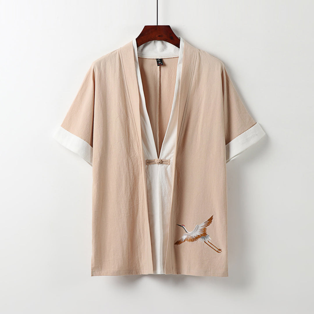 Zweiteiliger Herren-Kimono mit Buddha Stones Motiv, halben Ärmeln und Stickerei, Hanfu-Stil, bequemer Baumwoll-Komfort. - Pfirsichpuff - US/UK/AU54, EU64 (9XL) - image 12