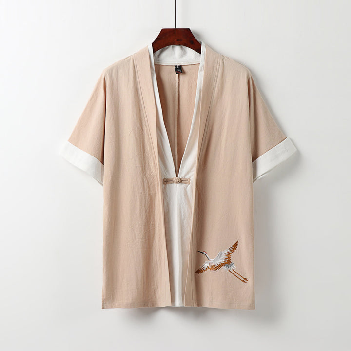Zweiteiliger Herren-Kimono mit Buddha Stones Motiv, halben Ärmeln und Stickerei, Hanfu-Stil, bequemer Baumwoll-Komfort. - Pfirsichpuff - US/UK/AU54, EU64 (9XL) - image 12