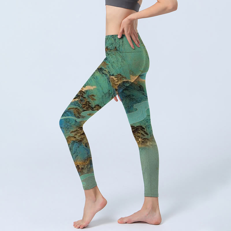 Buddha Stones im chinesischen Stil, grüne Berge, Landschaftsdruck, Lycra-Stoff, Fitness-Leggings für Damen, Yoga-Hose